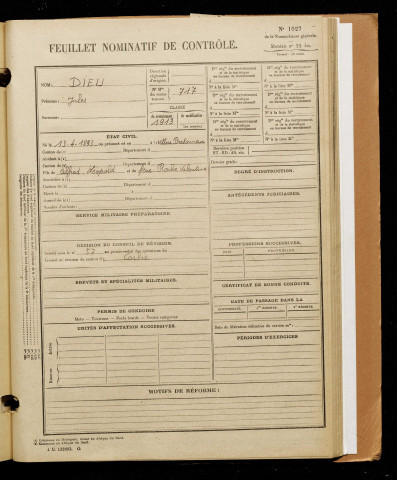 Dieu, Jules, né le 13 avril 1893 à Villers-Bretonneux (Somme), classe 1913, matricule n° 717, Bureau de recrutement d'Amiens