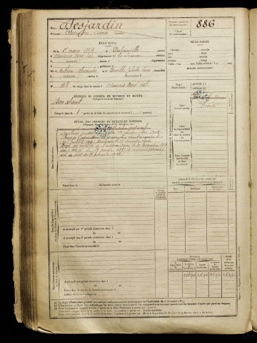 Desjardin, Alexandre Denis, né le 17 mars 1884 à Poulainville (Somme), classe 1904, matricule n° 886, Bureau de recrutement d'Amiens