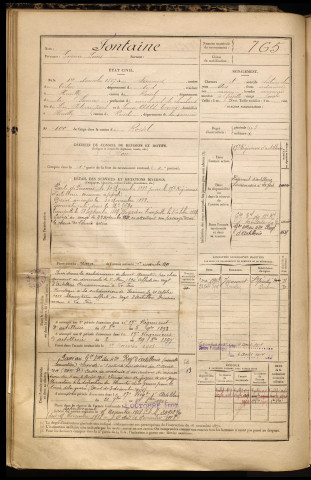 Fontaine, Eugène Louis, né le 01 novembre 1867 à Fourmies (Nord), classe 1887, matricule n° 765, Bureau de recrutement de Péronne