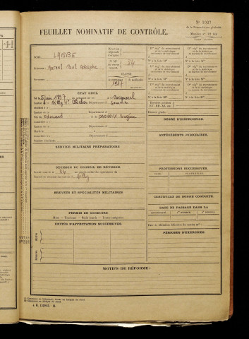 Labbe, Marcel Paul Adolphe, né le 05 juin 1897 à Cocquerel (Somme), classe 1917, matricule n° 34, Bureau de recrutement d'Abbeville