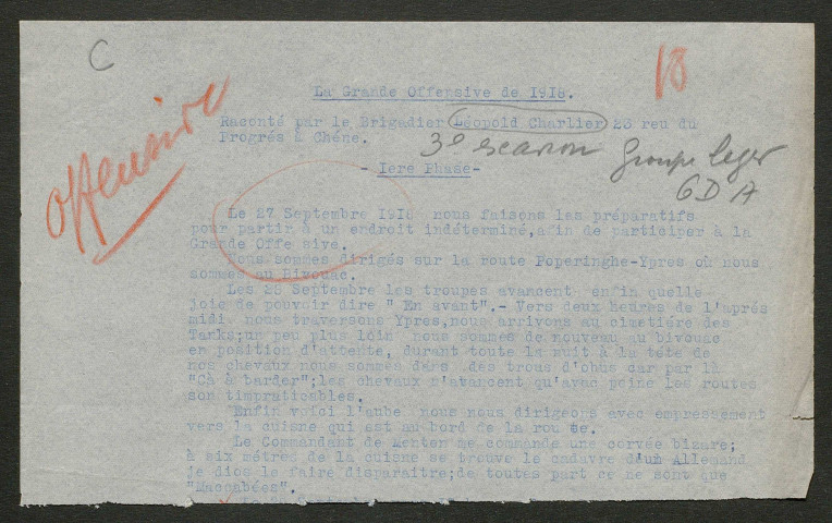 Témoignage de Charlier, Léopold (Brigadier) et correspondance avec Jacques Péricard