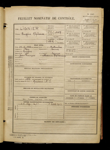 Lignier, Eugène Alphonse, né le 19 décembre 1892 à Bettembos (Somme), classe 1912, matricule n° 1067, Bureau de recrutement d'Amiens
