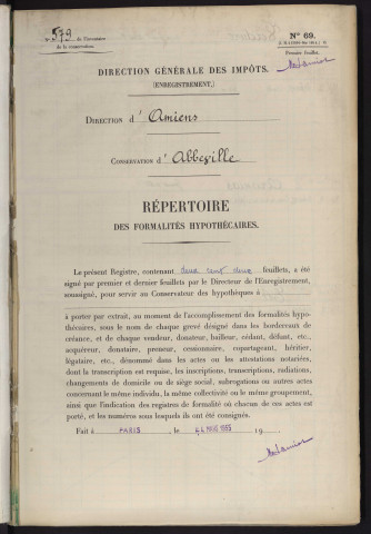 Répertoire des formalités hypothécaires, du 29/11/1955 au 31/12/1955, registre n° 579 (Abbeville)