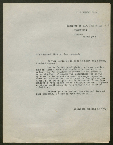 Témoignage de Fallon (Abbé), Val. (Aumônier) et correspondance avec Jacques Péricard