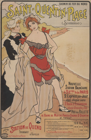Affiche Chemin de fer du Nord : Saint-Quentin-Plage, nouvelle station balnéaire. Station de Quend tramway à vapeur en construction