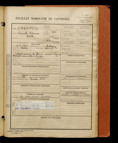 Crampon, Camille Eléonore Achille, né le 07 mai 1892 à Aubigny (Somme), classe 1912, matricule n° 958, Bureau de recrutement d'Amiens