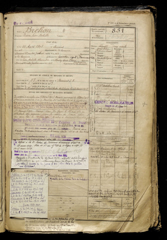 Brehon, Pierre Léon Achille, né le 27 mars 1898 à Amiens (Somme), classe 1918, matricule n° 851, Bureau de recrutement d'Amiens
