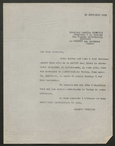 Témoignage de Chenevay, Camille et correspondance avec Jacques Péricard