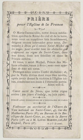L'oeuvre du Voeu National au Sacré-Coeur. L'Archange Saint Michel, gardien de l'église de France, porte-étendard du Sacré-Coeur. Prière pour l'Église et la France