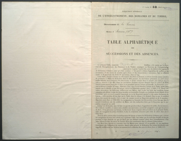 Table des successions et absences du bureau d'Amiens