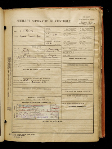 Leroy, André David Mari, né le 18 janvier 1892 à Rumigny (Somme), classe 1912, matricule n° 838, Bureau de recrutement d'Amiens