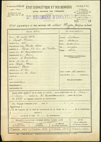 Meyer, Jacques Calixte, né le 10 août 1883 à Saint-Firmin (Hautes-alpes), classe 1903, matricule n° 2279, Bureau de recrutement de la Seine
