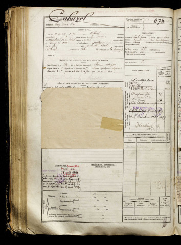 Cabuzel, Léon Henri Eloi, né le 09 mars 1896 à Albert (Somme), classe 1916, matricule n° 674, Bureau de recrutement de Péronne