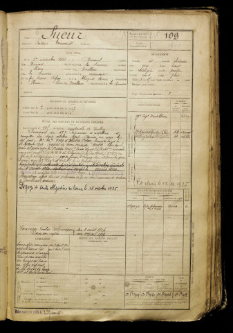 Sueur, Frédéric Toussaint, né le 01 novembre 1886 à Berneuil (Somme), classe 1906, matricule n° 109, Bureau de recrutement d'Abbeville