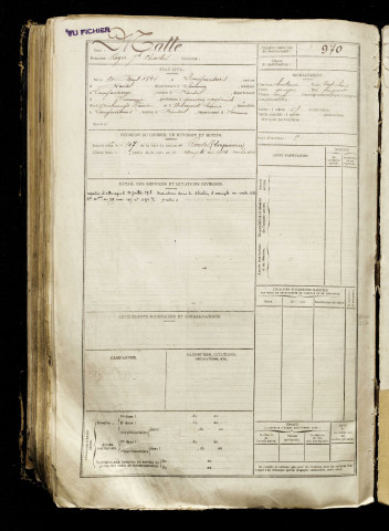 Matte, Roger Joseph Charles, né le 21 avril 1894 à Longavesnes (Somme), classe 1914, matricule n° 970, Bureau de recrutement de Péronne