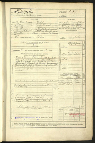 Desachy, Théophile Prosper, né le 17 décembre 1862 à Balâtre (Somme, France), classe 1882, matricule n° 45, Bureau de recrutement de Péronne