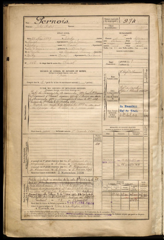 Pernois, Jules Nicolas, né le 28 mai 1869 à Roisel (Somme), classe 1889, matricule n° 974, Bureau de recrutement de Péronne