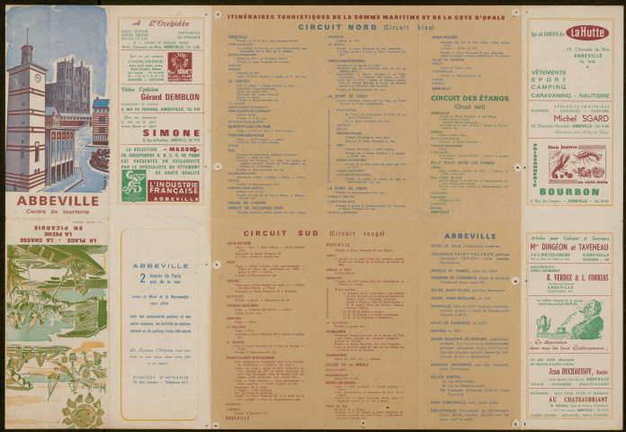 Carte des circuits touristiques de la Somme maritime et de la Côte d'Opale. Abbeville centre de Tourisme. La plage, la chasse, la pêche en Picardie