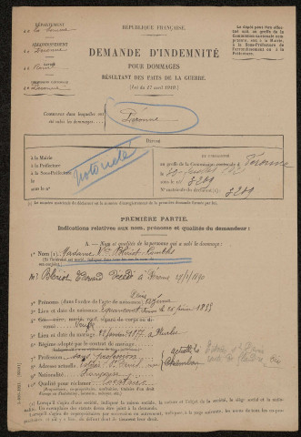 Péronne. Demande d'indemnisation des dommages de guerre : dossier Blériot