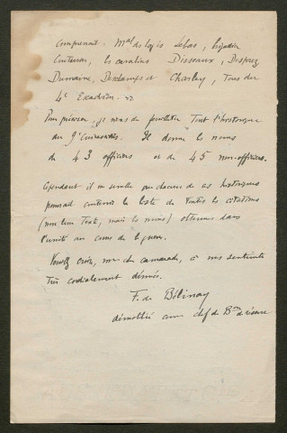 Témoignage de Belinay (de), F. et correspondance avec Jacques Péricard