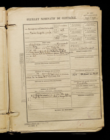 Bondoux d'Hautefeuille, Marie Auguste Joseph, né le 27 août 1890 à Hinacourt (Aisne), classe 1910, matricule n° 607, Bureau de recrutement d'Amiens