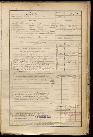 Cocu, François Hilaire, né le 23 octobre 1866 à Brie (Somme), classe 1886, matricule n° 461, Bureau de recrutement de Péronne