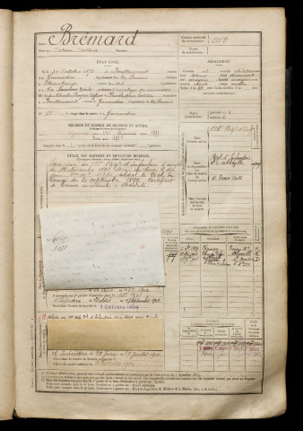 Brémard, Octave Arthur, né le 30 octobre 1875 à Bouttencourt (Somme), classe 1895, matricule n° 1119, Bureau de recrutement d'Abbeville