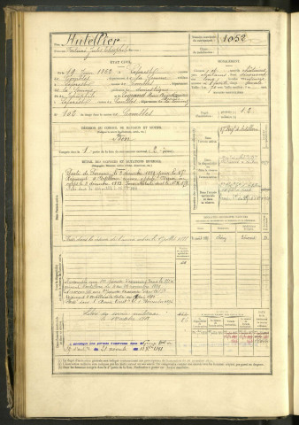 Hutellier, Fortuné Jules Théophile, né le 19 juin 1862 à Leforest (Somme, France), classe 1882, matricule n° 1052, Bureau de recrutement de Péronne