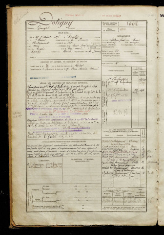 Dotigny, Georges, né le 29 août 1896 à Épehy (Somme), classe 1916, matricule n° 1002, Bureau de recrutement de Péronne