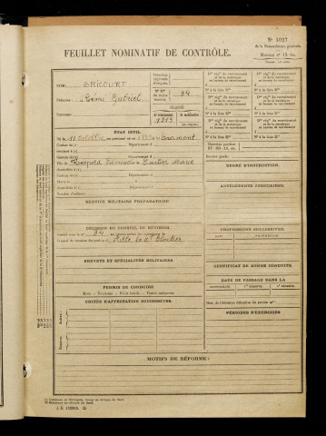 Gricourt, Rémi Gabriel, né le 11 octobre 1893 à Cramont (Somme), classe 1913, matricule n° 34, Bureau de recrutement d'Abbeville