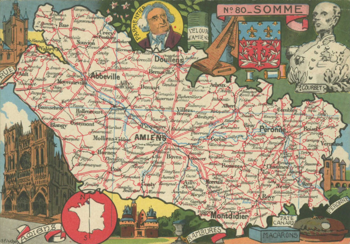 Carte géographique et blason du département-de-la-Somme, ses spécialités et ses célébrités