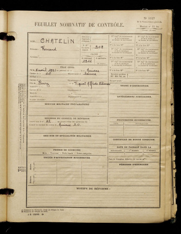 Chatelin, Fernand, né le 05 avril 1891 à Amiens (Somme), classe 1911, matricule n° 908, Bureau de recrutement d'Amiens
