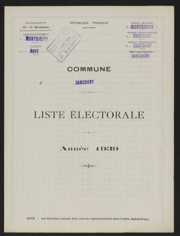 Liste électorale : Dancourt-Popincourt (Dancourt)