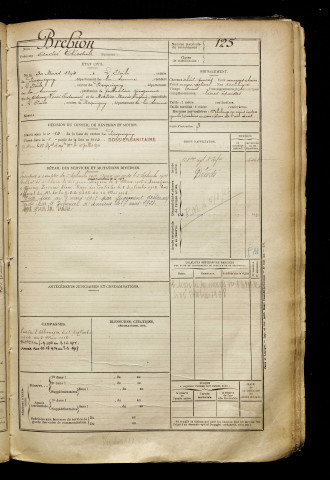 Brebion, André Théodule, né le 30 mars 1894 à Étoile (L') (Somme), classe 1914, matricule n° 125, Bureau de recrutement d'Amiens
