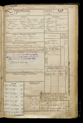 Dequéant, Joseph, né le 27 janvier 1892 à Metz-en-Couture (Pas-de-Calais), classe 1912, matricule n° 475, Bureau de recrutement de Péronne