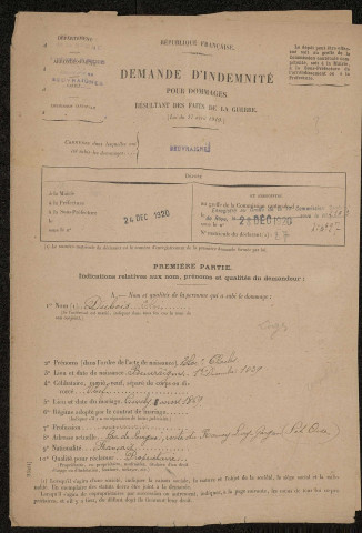 Beuvraignes. Demande d'indemnisation des dommages de guerre : dossier Dubois Eloi