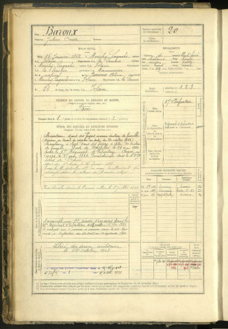 Baroux, Julien Ovide, né le 16 janvier 1862 à Monchy-Lagache (Somme, France), classe 1882, matricule n° 20, Bureau de recrutement de Péronne