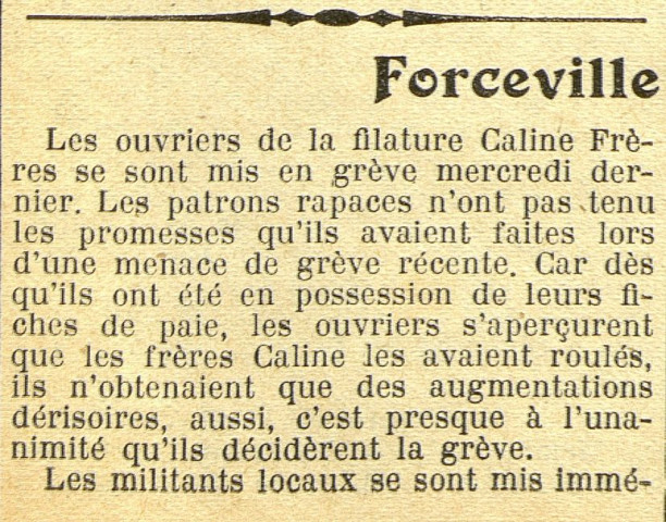 Extrait du journal "Le Travailleur de Somme et Oise", 4e année, numéro 158, du 11 au 17 juillet 1936 : les ouvriers de la filature CALINE Frères se sont mis en grève