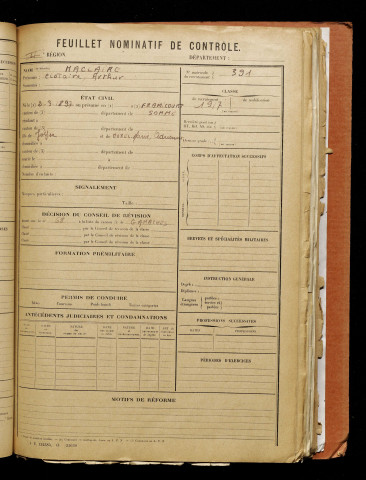 Maclaire, Clotaire Arthur, né le 02 mars 1897 à Framicourt (Somme), classe 1917, matricule n° 391, Bureau de recrutement d'Abbeville