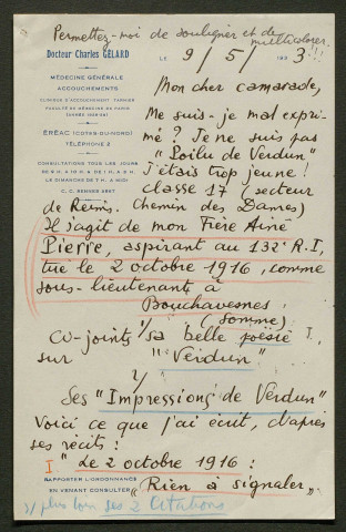 Témoignage de Gélard, Pierre (Sous-lieutenant) et correspondance avec Jacques Péricard