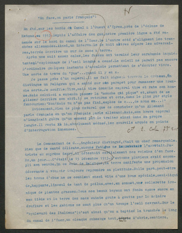 Témoignage de Colin, Elicio (Commandant) et correspondance avec Jacques Péricard