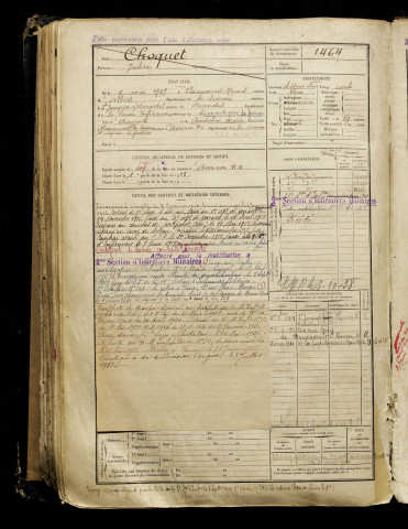 Choquet, Julien, né le 09 mai 1897 à Beaumont-Hamel (Somme), classe 1917, matricule n° 1464, Bureau de recrutement d'Amiens