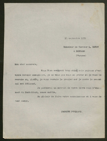 Témoignage de Baros, Léon (Médecin aide major) et correspondance avec Jacques Péricard