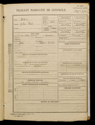 Bail, Julien Paul, né le 31 octobre 1893 à Amiens (Somme), classe 1913, matricule n° 813, Bureau de recrutement d'Amiens