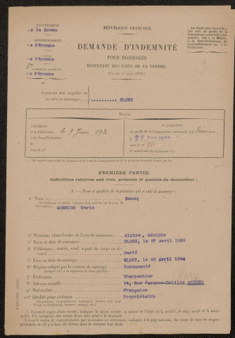 Cléry-sur-Somme. Demande d'indemnisation des dommages de guerre : dossier Boucq-Gorrier