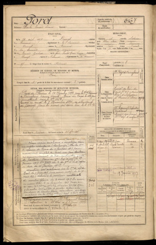 Poret, Charles Edouard Séverin, né le 24 août 1871 à Doingt (Somme), classe 1891, matricule n° 567, Bureau de recrutement de Péronne