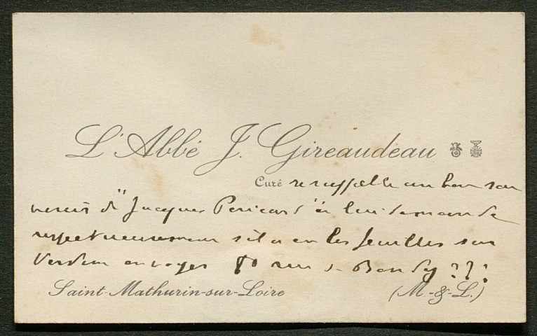 Témoignage de Gireaudeau, J.(Abbé) et correspondance avec Jacques Péricard