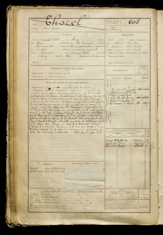 Thorel, Abel Gaston, né le 05 août 1887 à Arry (Somme), classe 1907, matricule n° 608, Bureau de recrutement d'Abbeville