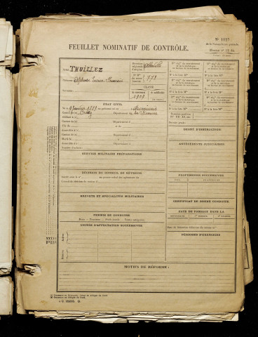 Thuiller, Alphonse Lucien François, né le 09 janvier 1889 à Dominois (Somme), classe 1909, matricule n° 778, Bureau de recrutement d'Abbeville