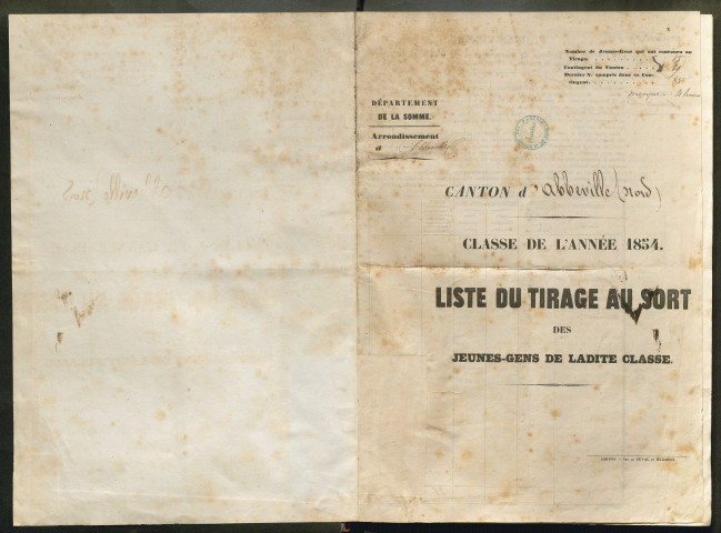 Tirage au sort (arrondissement d'Abbeville) de l'année 1854
